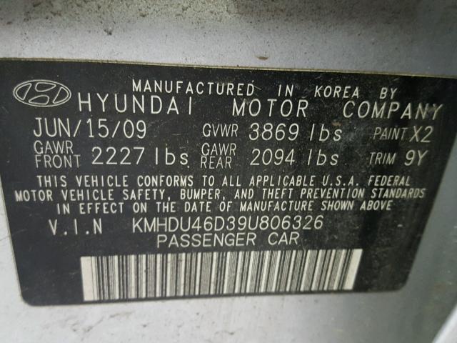 KMHDU46D39U806326 - 2009 HYUNDAI ELANTRA GL SILVER photo 10