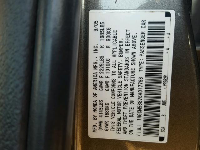 1HGCM56876A017796 - 2006 HONDA ACCORD EX GRAY photo 10