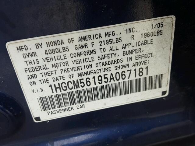 1HGCM56195A067181 - 2005 HONDA ACCORD DX BLUE photo 10