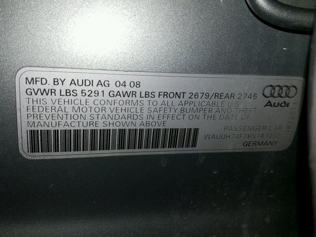 WAUDH74F78N141032 - 2008 AUDI A6 3.2 QUA SILVER photo 10