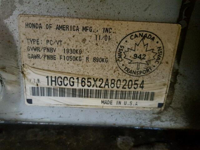 1HGCG165X2A802054 - 2002 HONDA ACCORD EX SILVER photo 10