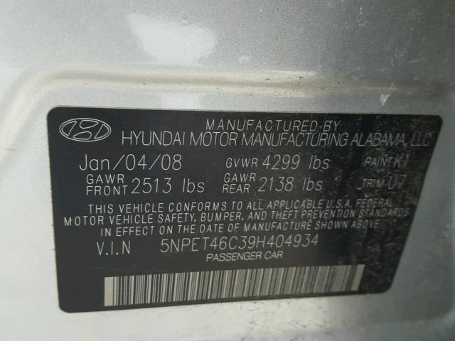 5NPET46C39H404934 - 2009 HYUNDAI SONATA GLS SILVER photo 10