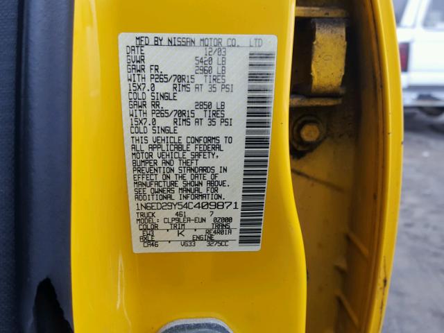 1N6ED29Y54C409871 - 2004 NISSAN FRONTIER C YELLOW photo 10