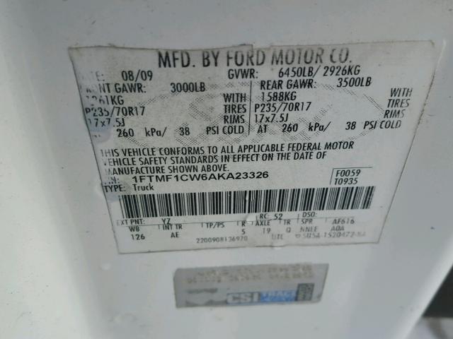 1FTMF1CW6AKA23326 - 2010 FORD F150 WHITE photo 10