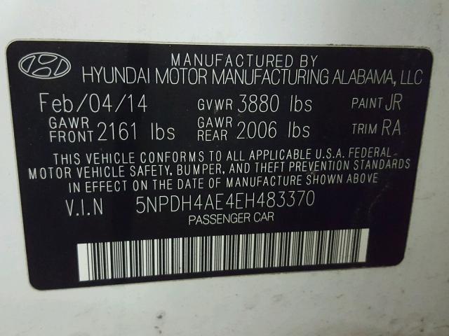 5NPDH4AE4EH483370 - 2014 HYUNDAI ELANTRA SE WHITE photo 10