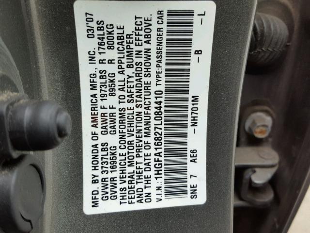 1HGFA16827L084410 - 2007 HONDA CIVIC EX GRAY photo 10