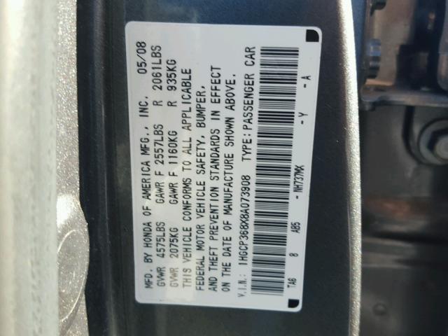 1HGCP368X8A073908 - 2008 HONDA ACCORD EXL GRAY photo 10