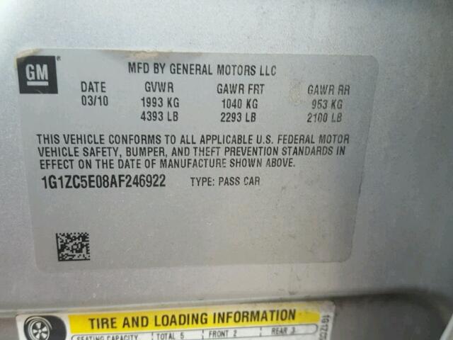 1G1ZC5E08AF246922 - 2010 CHEVROLET MALIBU 1LT 银色 照片 10