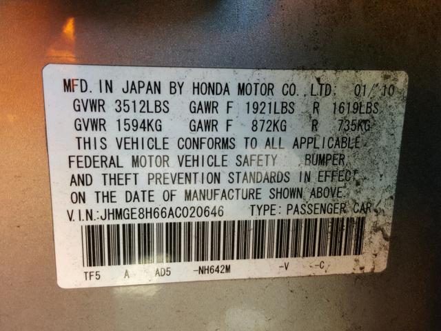 JHMGE8H66AC020646 - 2010 HONDA FIT SPORT SILVER photo 10