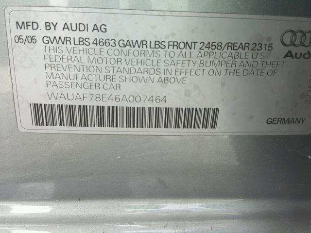 WAUAF78E46A007464 - 2006 AUDI A4 2 SILVER photo 10