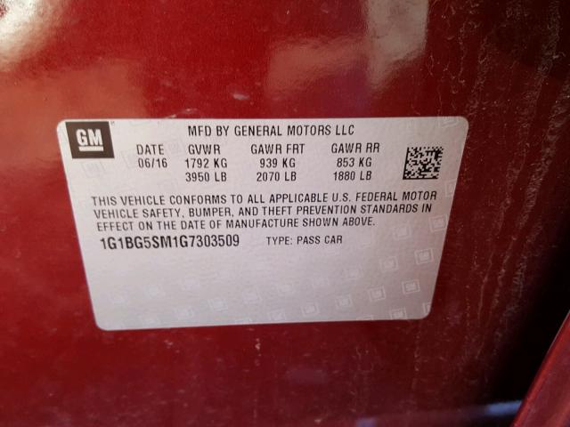 1G1BG5SM1G7303509 - 2016 CHEVROLET CRUZE PREM RED photo 10