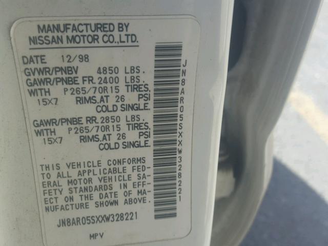 JN8AR05SXXW328221 - 1999 NISSAN PATHFINDER WHITE photo 10