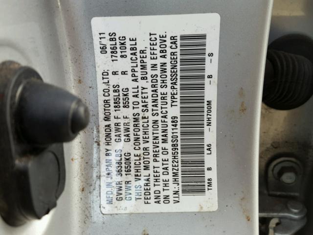 JHMZE2H59BS011489 - 2011 HONDA INSIGHT LX SILVER photo 10