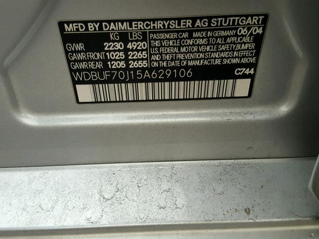 WDBUF70J15A629106 - 2005 MERCEDES-BENZ E 500 SILVER photo 10