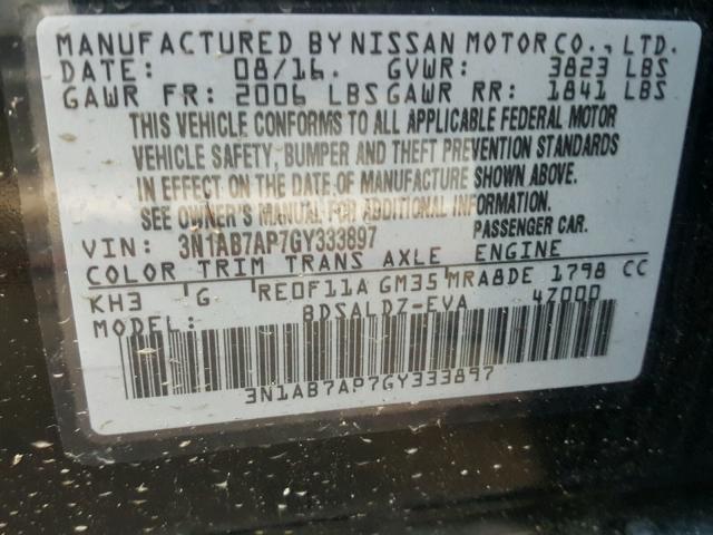 3N1AB7AP7GY333897 - 2016 NISSAN SENTRA S BLACK photo 10