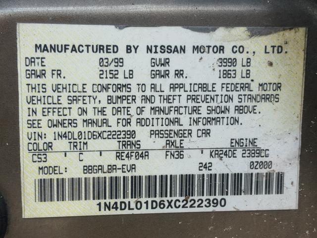 1N4DL01D6XC222390 - 1999 NISSAN ALTIMA XE CREAM photo 10