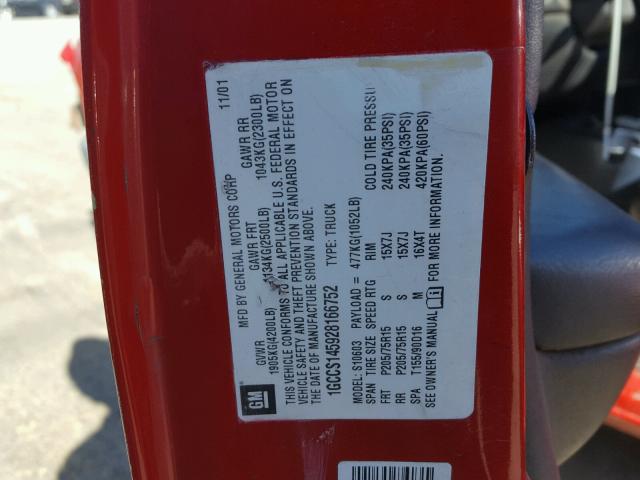 1GCCS145928166752 - 2002 CHEVROLET S TRUCK S1 RED photo 10