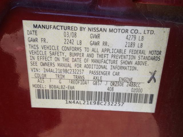 1N4AL21E98C232257 - 2008 NISSAN ALTIMA 2.5 RED photo 10