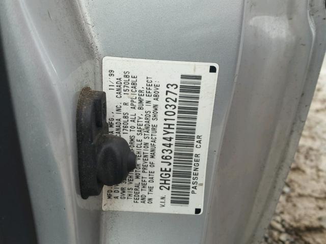 2HGEJ6344YH103273 - 2000 HONDA CIVIC DX SILVER photo 10