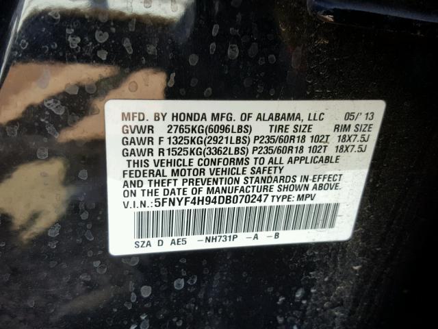 5FNYF4H94DB070247 - 2013 HONDA PILOT TOUR BLACK photo 10