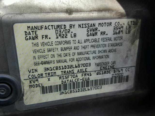 3N1CB51D32L657003 - 2002 NISSAN SENTRA XE GRAY photo 10