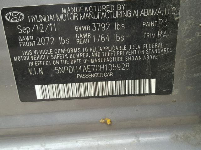 5NPDH4AE7CH105928 - 2012 HYUNDAI ELANTRA GL GRAY photo 10