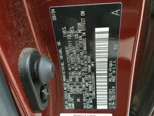 5TDBA22C55S028843 - 2005 TOYOTA SIENNA XLE RED photo 10