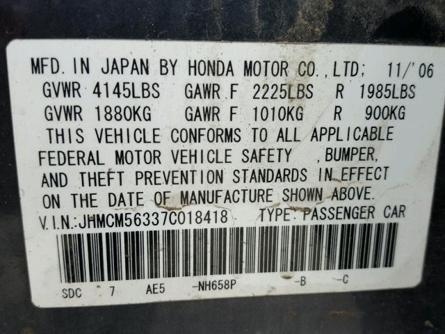 JHMCM56337C018418 - 2007 HONDA ACCORD SE GRAY photo 10