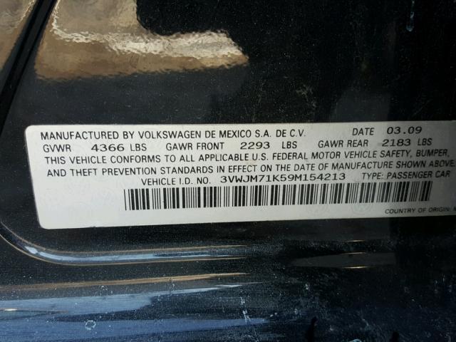 3VWJM71K59M154213 - 2009 VOLKSWAGEN JETTA S BLACK photo 10