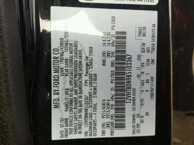 1ZVHT80N985103367 - 2008 FORD MUSTANG BLACK photo 10