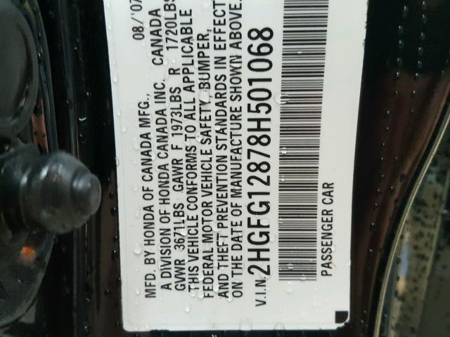 2HGFG12878H501068 - 2008 HONDA CIVIC EX შავი ფოტო 10