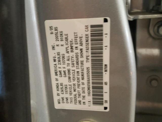 1HGCM66566A005005 - 2006 HONDA ACCORD EX SILVER photo 10