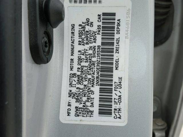 1NXBU40E39Z135538 - 2009 TOYOTA COROLLA BA SILVER photo 10