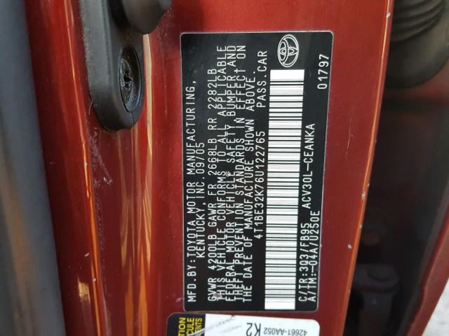 4T1BE32K76U122765 - 2006 TOYOTA CAMRY LE RED photo 10