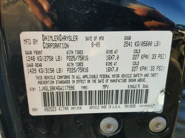 1J4GL38K46W117996 - 2006 JEEP LIBERTY RE BLACK photo 10