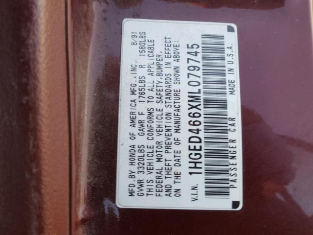 1HGED466XML079745 - 1991 HONDA CIVIC EX MAROON photo 10