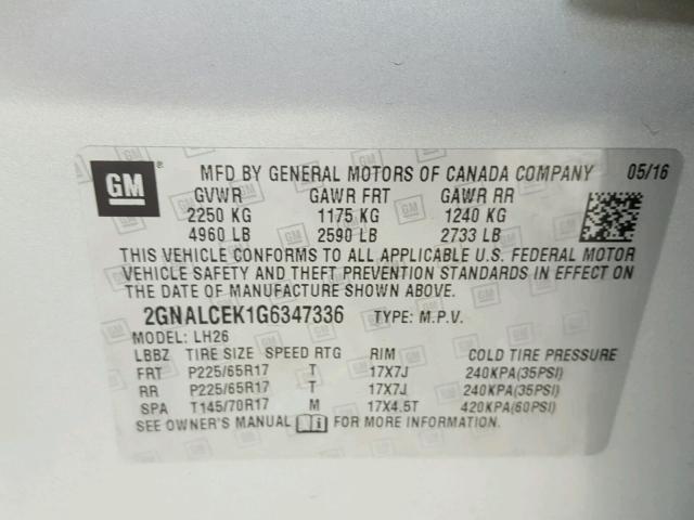 2GNALCEK1G6347336 - 2016 CHEVROLET EQUINOX LT SILVER photo 10