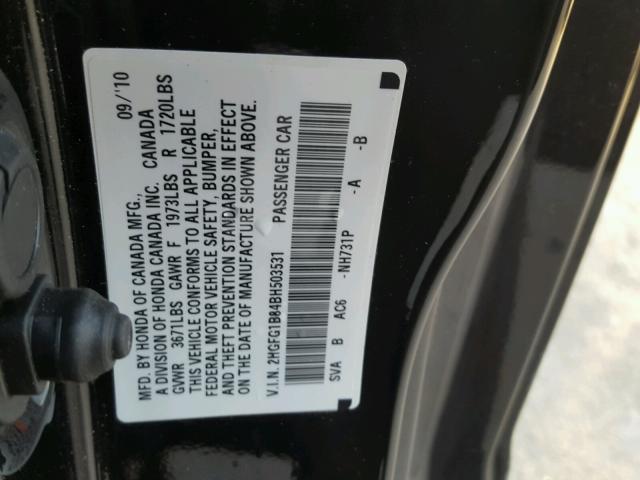 2HGFG1B84BH503531 - 2011 HONDA CIVIC EX BLACK photo 10