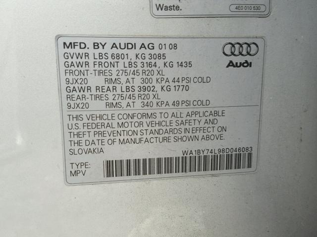 WA1BY74L98D046083 - 2008 AUDI Q7 3.6 QUA SILVER photo 10