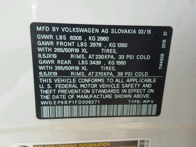 WVGEP9BP1FD006371 - 2015 VOLKSWAGEN TOUAREG V6 WHITE photo 10