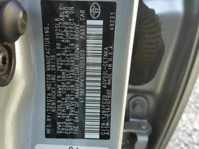 4T1BF1FK1HU305903 - 2017 TOYOTA CAMRY LE SILVER photo 10