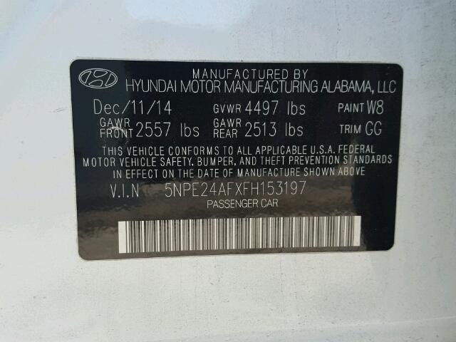 5NPE24AFXFH153197 - 2015 HYUNDAI SONATA SE WHITE photo 10