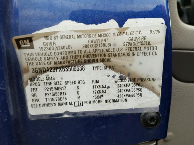 3GNDA23PX6S505538 - 2006 CHEVROLET HHR LT BLUE photo 10