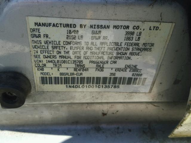 1N4DL01D01C135785 - 2001 NISSAN ALTIMA XE SILVER photo 10