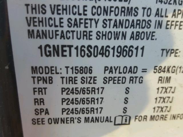 1GNET16S046196611 - 2004 CHEVROLET TRAILBLAZE BLUE photo 10