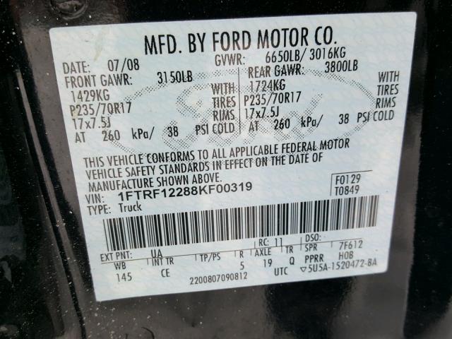 1FTRF12288KF00319 - 2008 FORD F150 BLACK photo 10