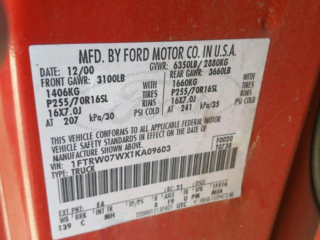 1FTRW07WX1KA09603 - 2001 FORD F150 SUPER RED photo 10