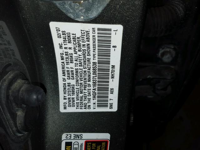 1HGFA16837L068538 - 2007 HONDA CIVIC EX GRAY photo 10