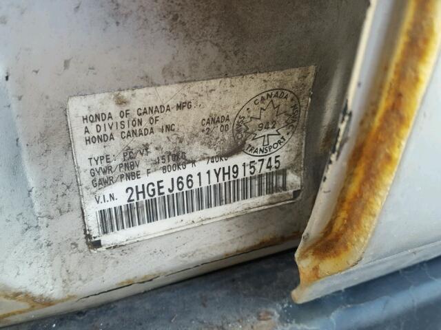 2HGEJ6611YH915745 - 2000 HONDA CIVIC BASE SILVER photo 10