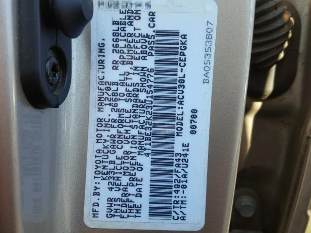 4T1BE32K23U154776 - 2003 TOYOTA CAMRY LE GOLD photo 10